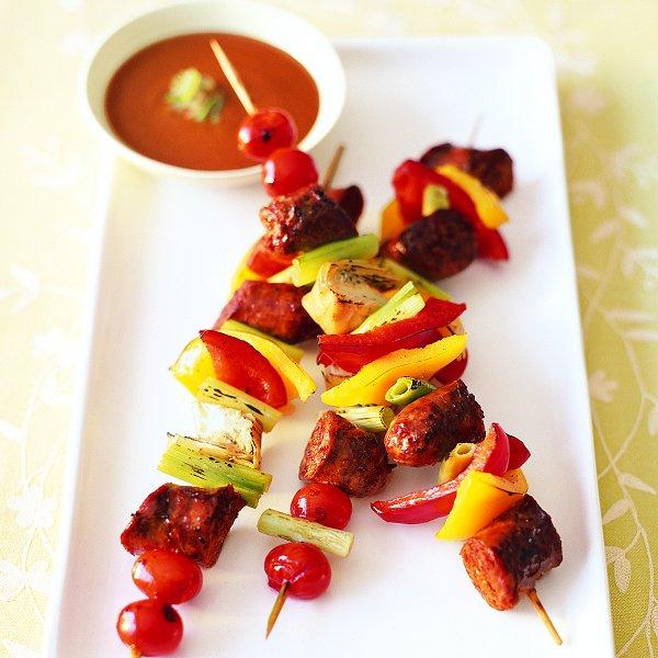Grilled sausage &amp; summer vegetable kebabs