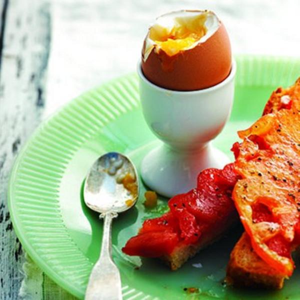 Perfect soft-boiled eggs with tomato soldiers