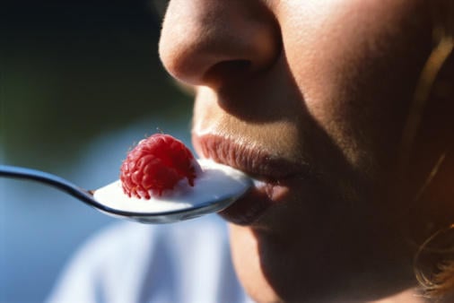 woman, yogurt, raspberry, eating