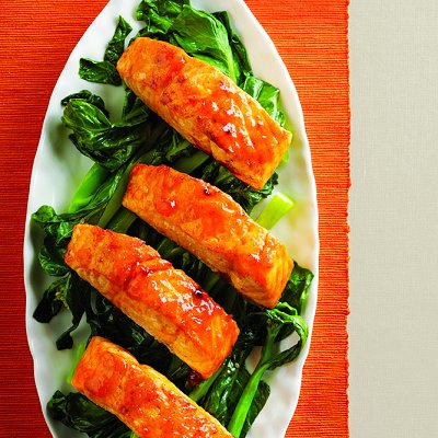 Sweet and spicy glazed salmon with greens