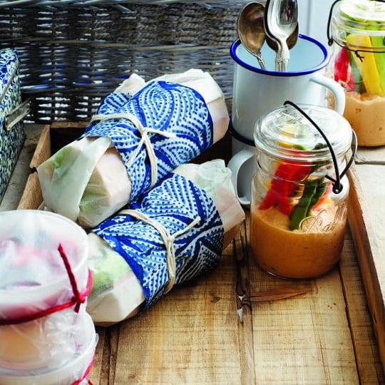 easy picnic recipes: wrapped sandwiches, hummus veggies in jar