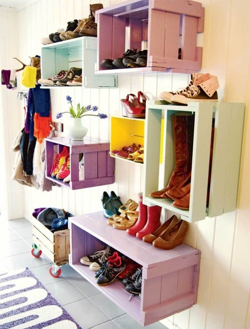storage crates for shoes in hallway, room design by Theverden.blogspot.com