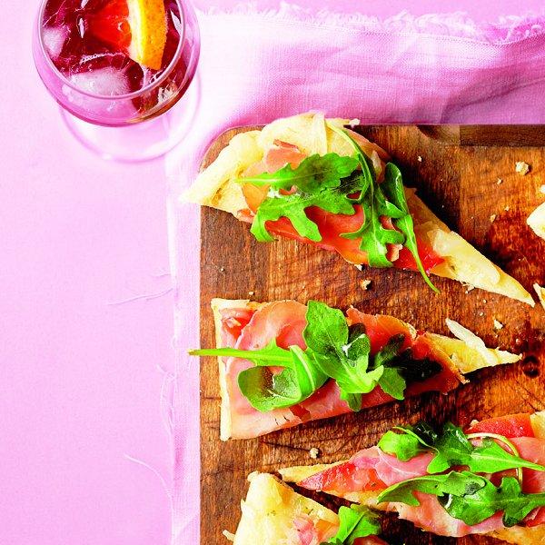 Instant party!  Prosciutto pizzettes with orange ruby fizzes