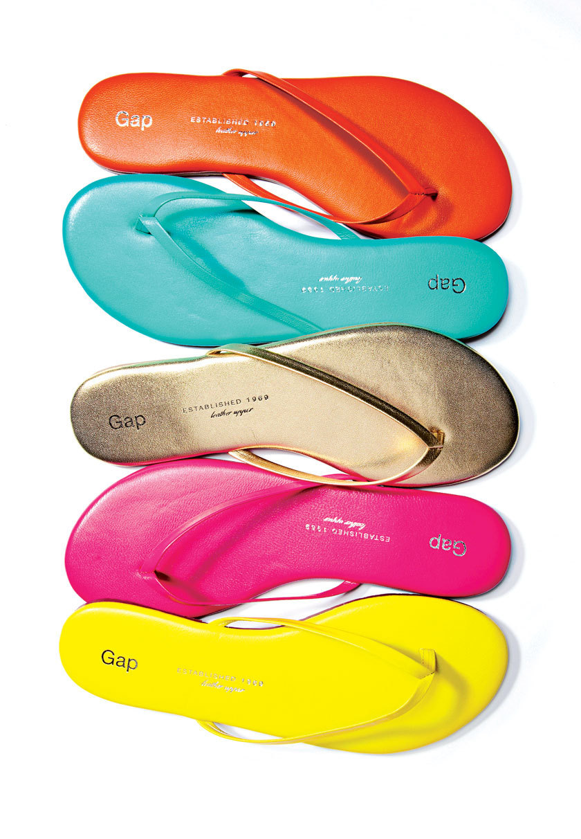 orange, turquoise, gold, pink, yellow flip-flop sandals from The Gap