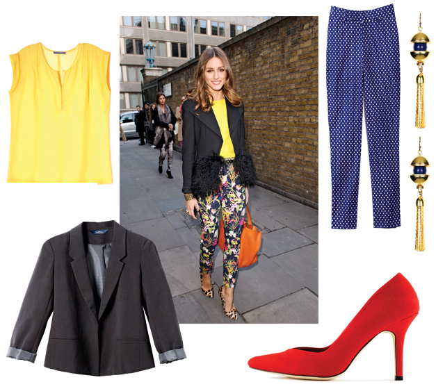 Olivia Palermo fashion, black blazer, gold earrings, red pumps, yellow sleeveless blouse, polka dot navy pants, work wear