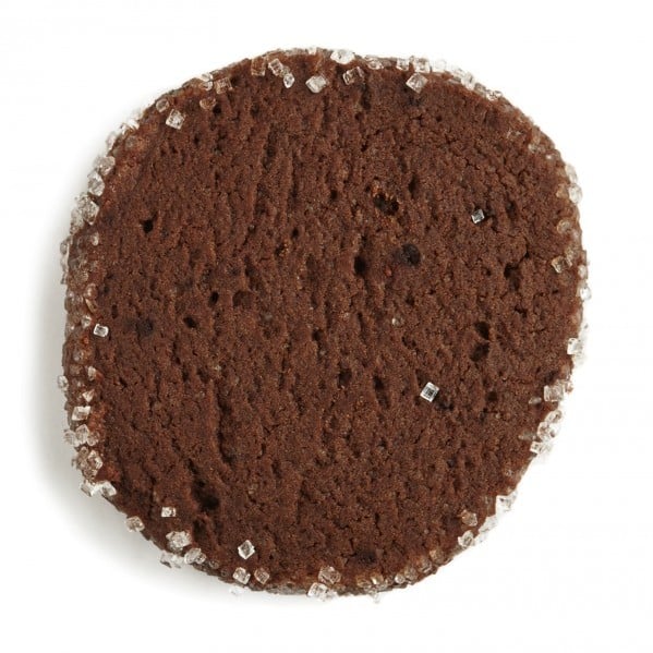A sugar-crusted chocolate slice cookie on a white background.