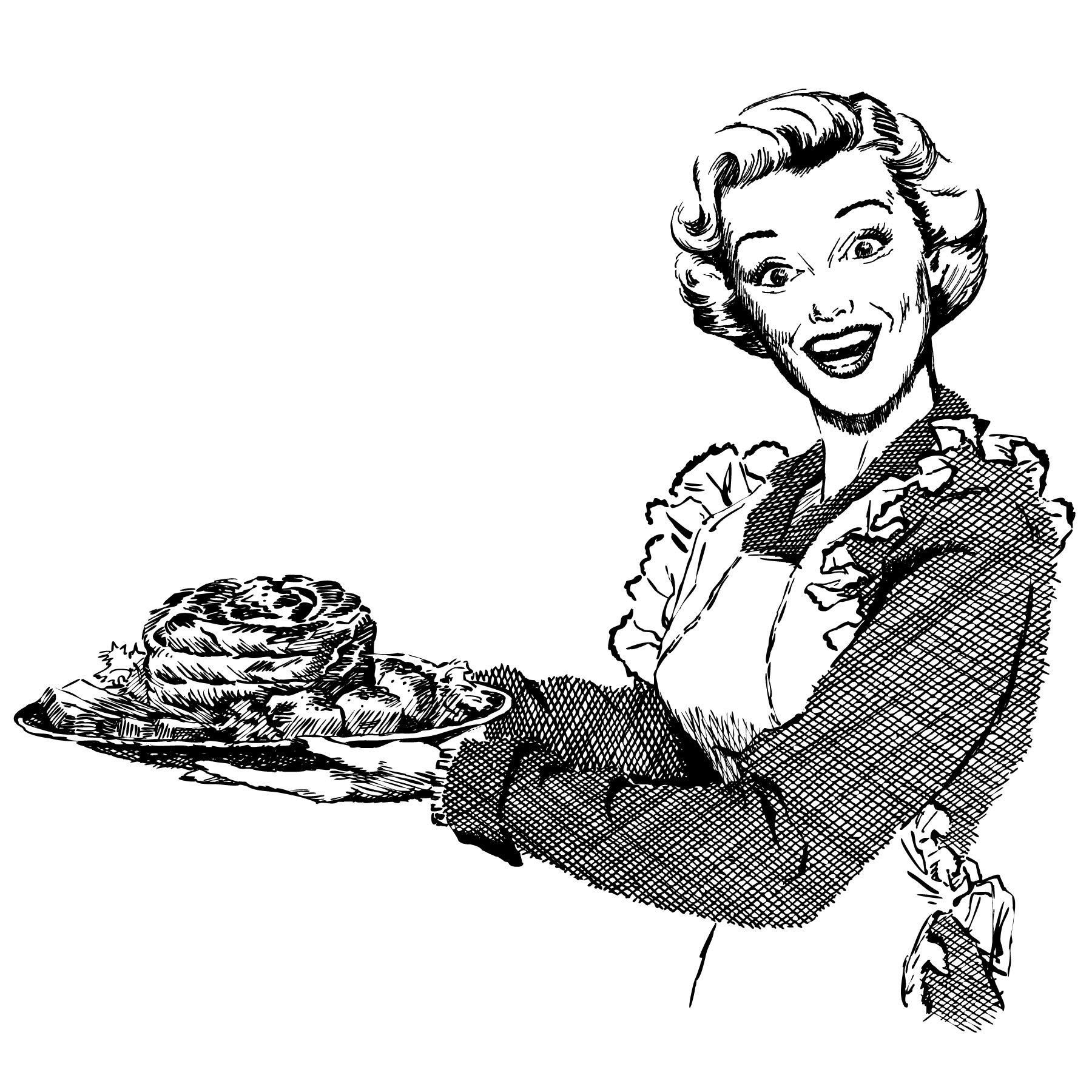 smiling woman in apron holding a tray of food