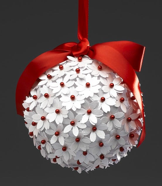 Red and white christmas ball, red ribbon, white and red flowers, tree ornament