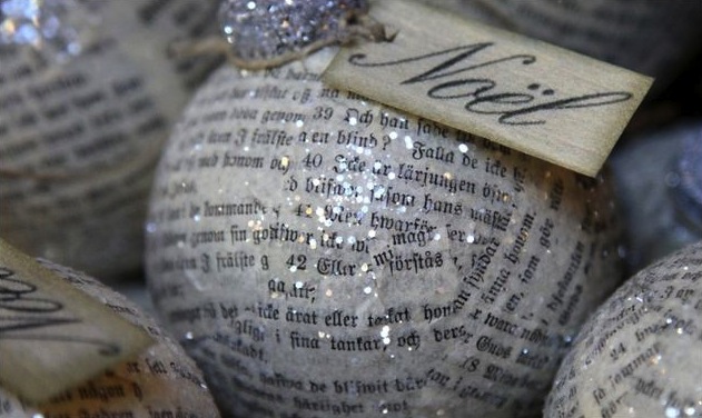 Sparkly Christmas tree ornament ball with text, newspaper, noel