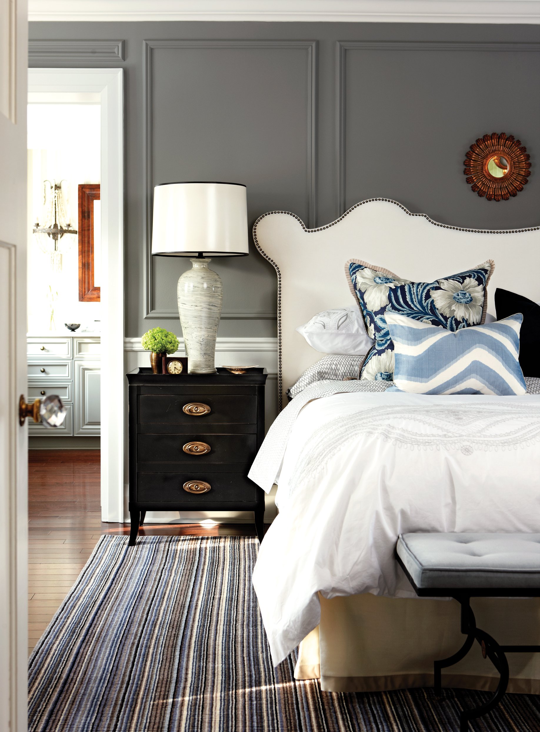 Bedroom, white bed, grey walls, crown moulding, striped carpet, Feb 13, p58