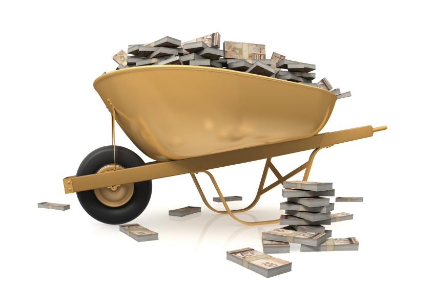 gold copper wheel barrow full Canadian money 100 bills