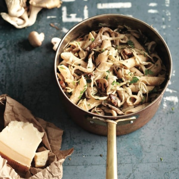 Penne noodles with cabbage and mushrooms