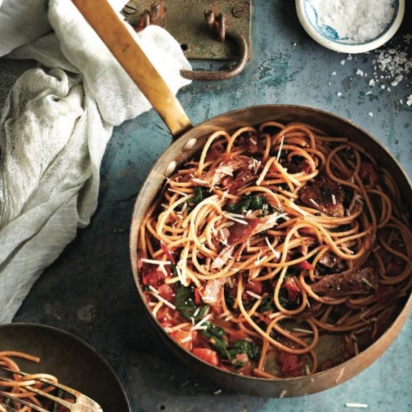 Spaghetti with duck confit and chard