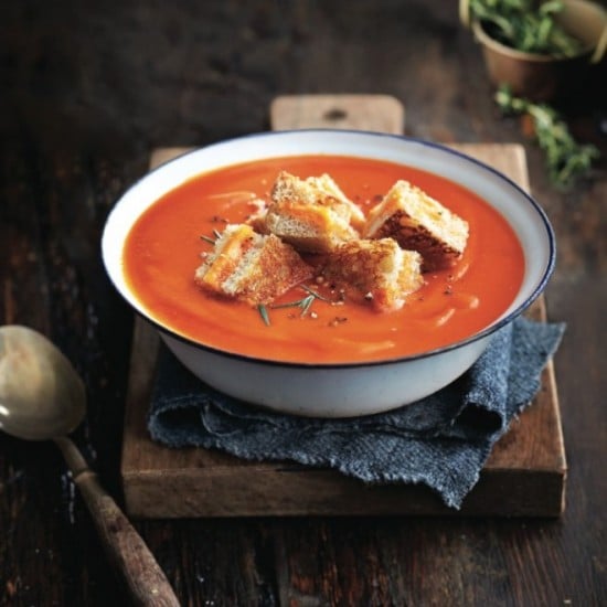 <strong>Tomato soup with grilled cheese croutons</strong>