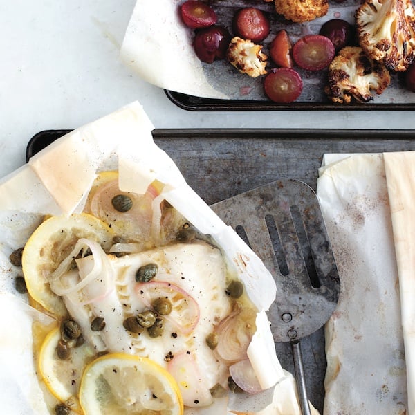 Cod and caper parcels with roasted cauliflower salad