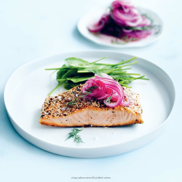 Crispy salmon with dill pickled onions