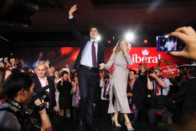 Justin Trudeau and Sophie Grégoire after winning a Liberal majority in the federal election. Photo, Roger Lemoyne/Maclean's.