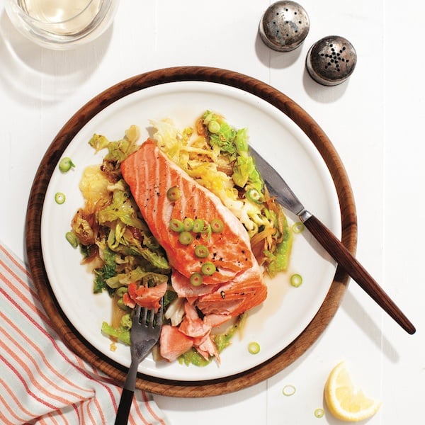Pan-fried salmon with braised savoy cabbage