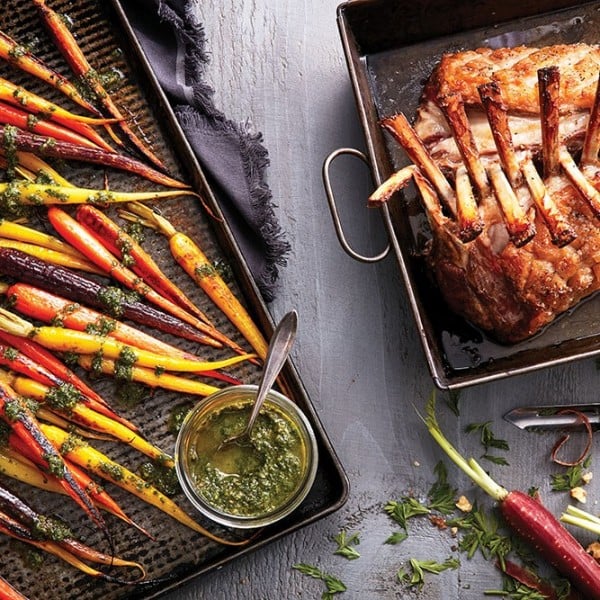 Roasted rack of lamb with carrots and carrot top pesto