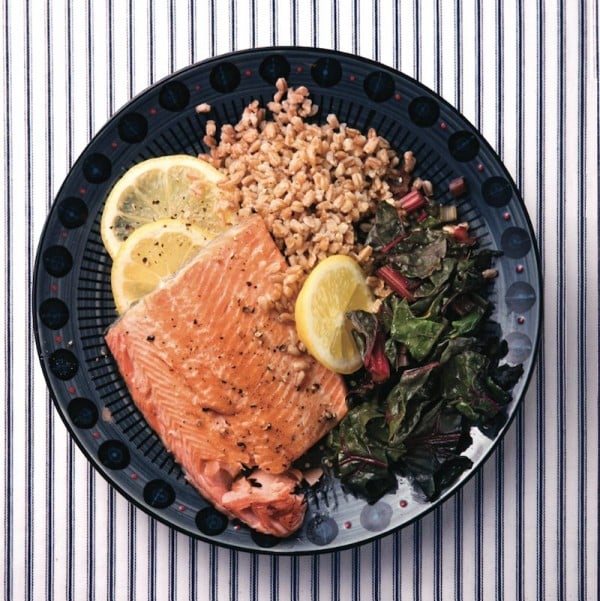 Roasted trout with farro and swiss chard
