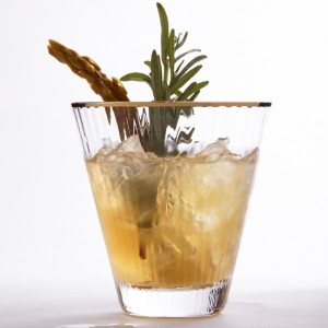 Savoury gin cocktail with rosemary and pickled asparagus