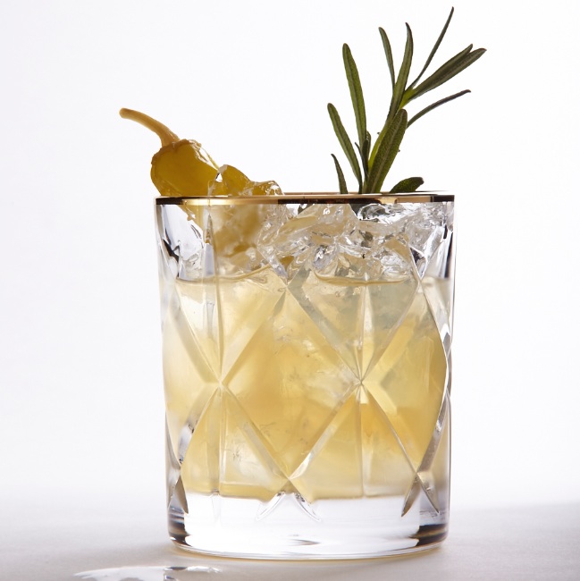 Savoury sake cocktail with rosemary and pickled pepper