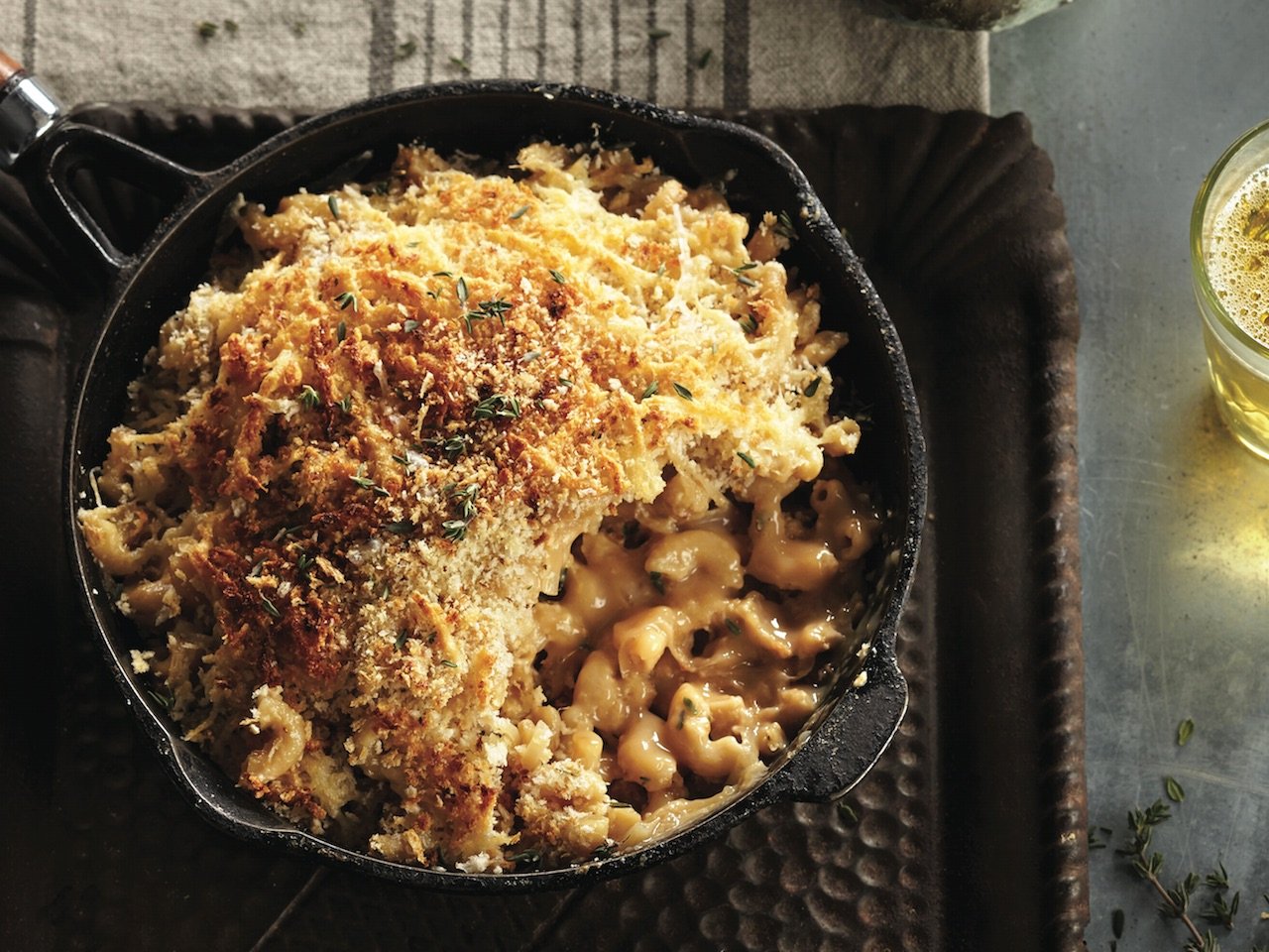 french onion macaroni and cheese recipe in cast iron serving bowl
