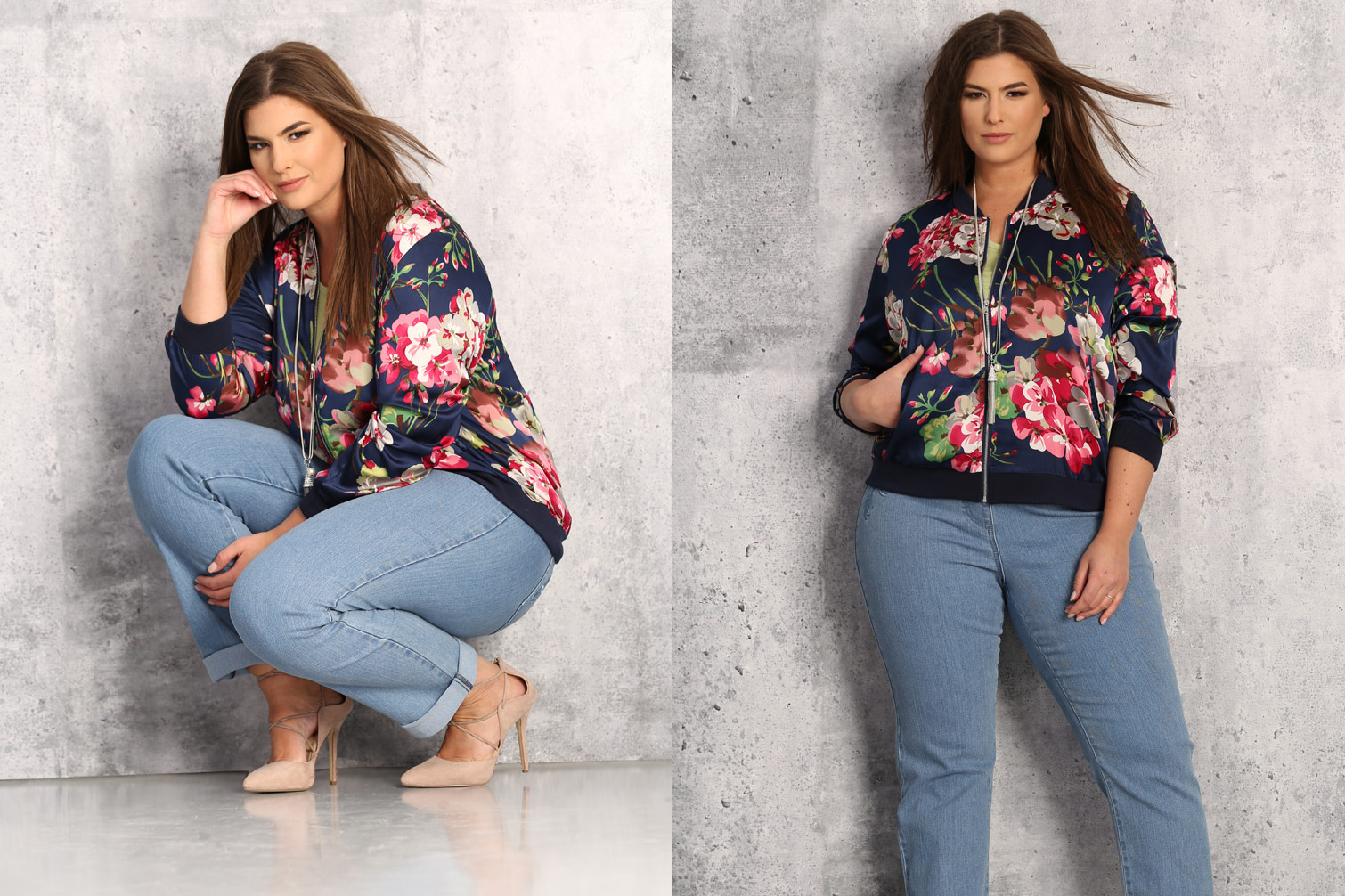 Long-haired brunette wears a blue and pink floral bomber with light blue jeans and nude stroppy heels from Claire France.