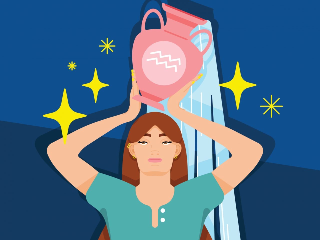woman holding overflowing water jug over her head represents aquarius astrological sign