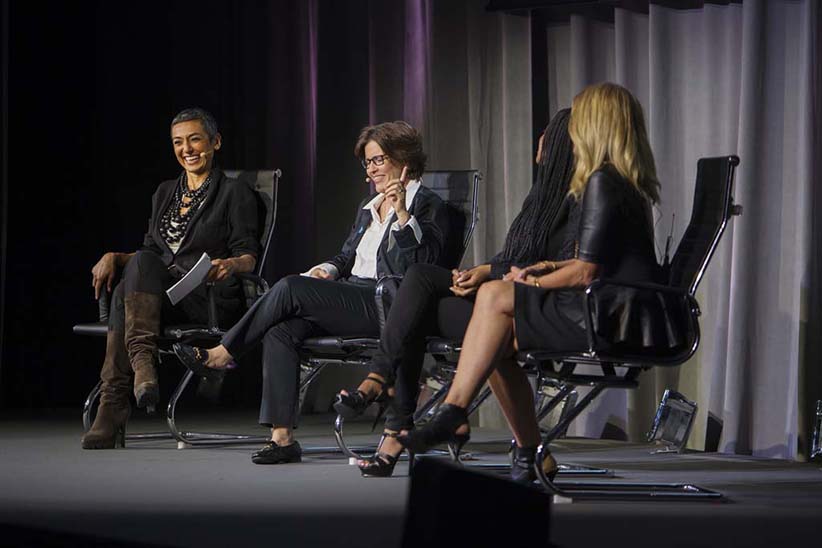 Zainab Salbi, Kara Swisher, Tamika D. Mallory and Lisa Bloom during a panel discussion at the Women in the World Canadian Summit in Toronto. (Photograph by Della Rollins)