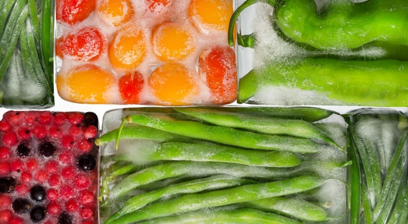 freezer storage: green peppers, tomatoes, green beans, berries in ice cubes