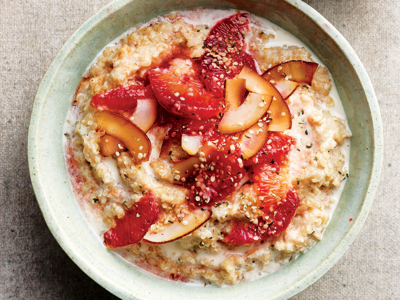 creamy coconut steel-cut oats with blood orange compote