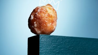 best tim hortons timbits- sour cream glazed Timbit on a light blue background with a white crown