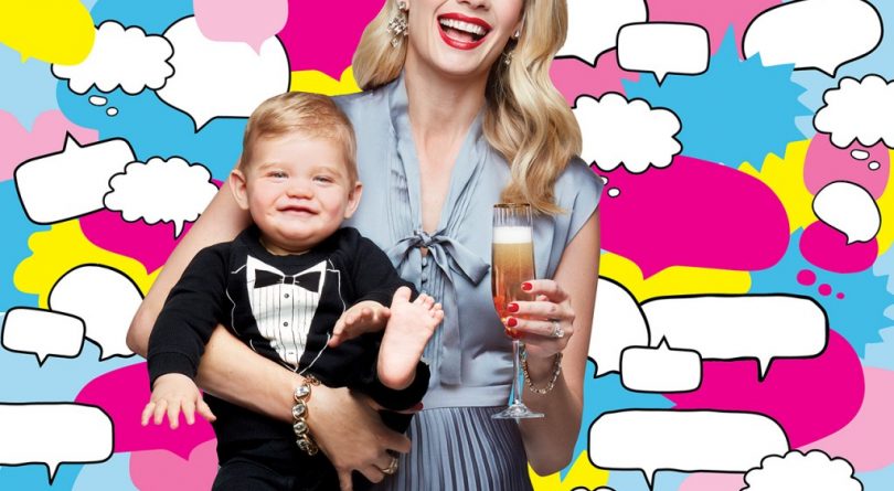 Why Mommy Drinks: The Scary Truth About #WineMom: a woman in a part dress holds a glass of prosecco and her toddler