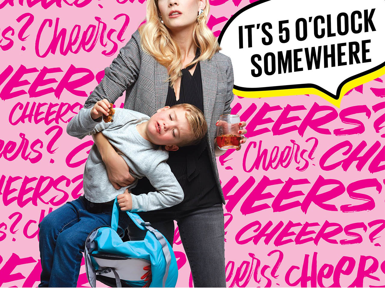 Mommy-Drinks- A woman holds a glass of bourbon and a child with his backpack