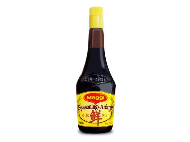 A bottle of yellow-capped Chinese Maggi sauce