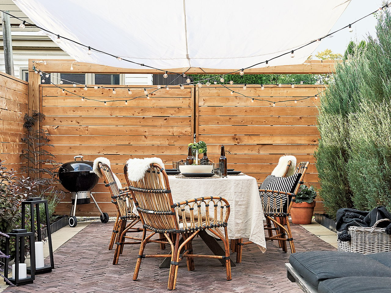 Outdoor patio with table and chairs