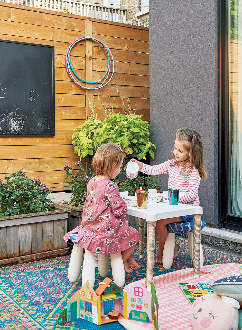 Kids play in outdoor patio