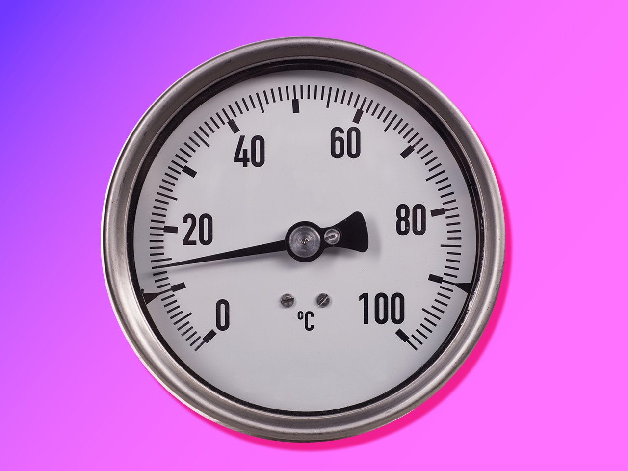 Oven thermometer on purple ombre background.