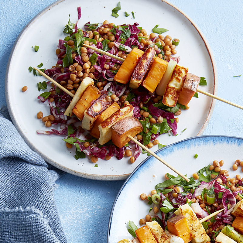 Halloumi and sweet potato skewers with lentil salad
