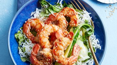 Sesame shrimp stir-fry and bok choy on rice