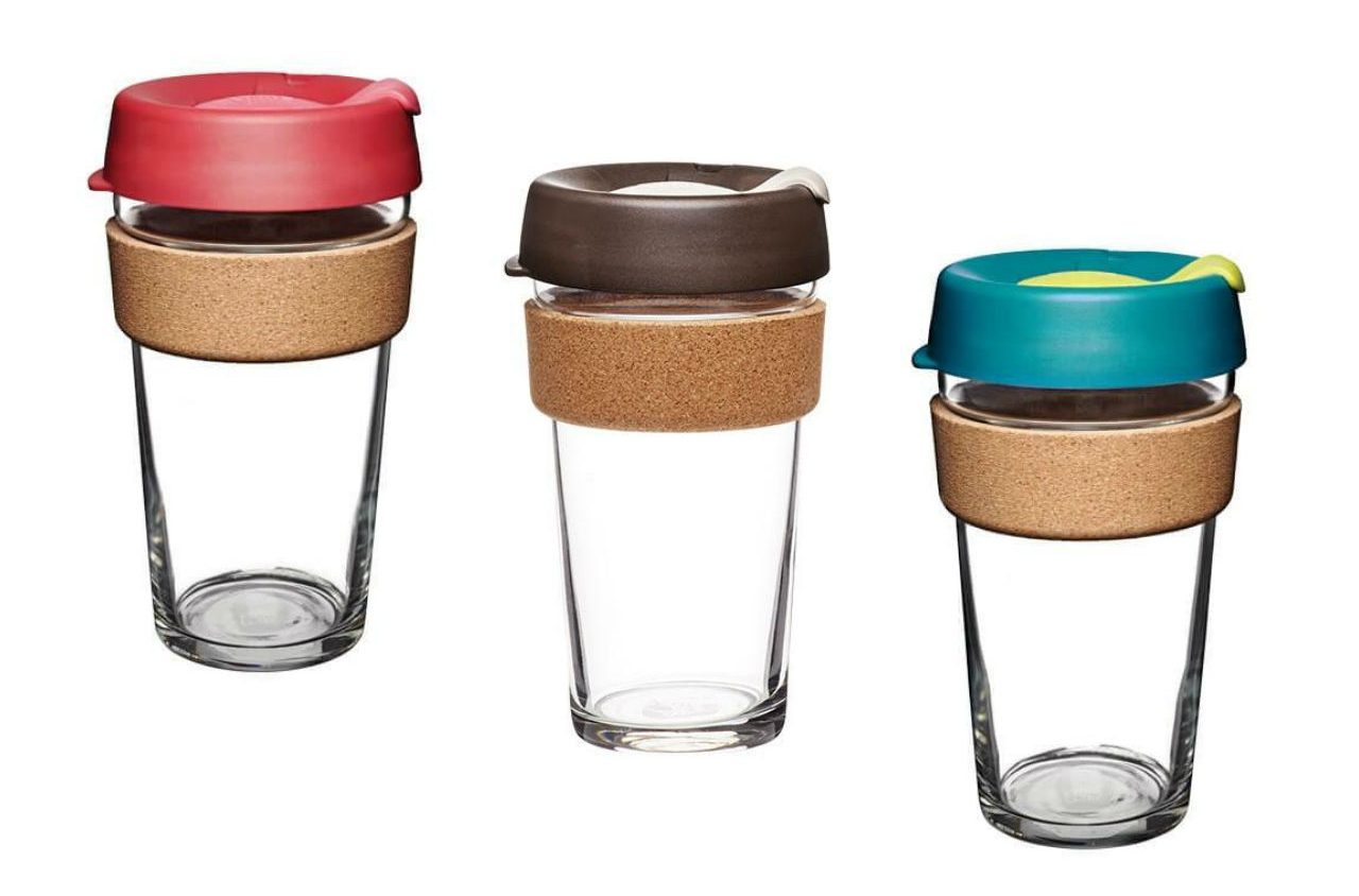 keepcup cork press mugs in red, brown, and turquoise 
