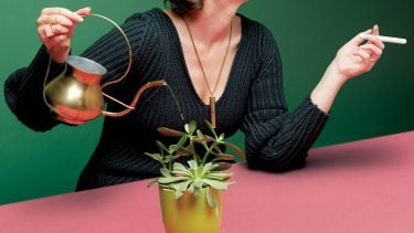 woman uses dosist pen and waters succulents with copper pot to represent weed 2.0, the new cannabis self care