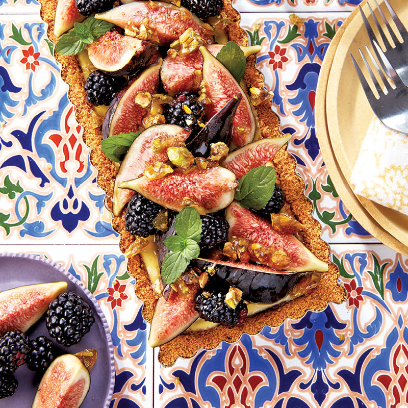 Honeyed fig tart with pistachio praline