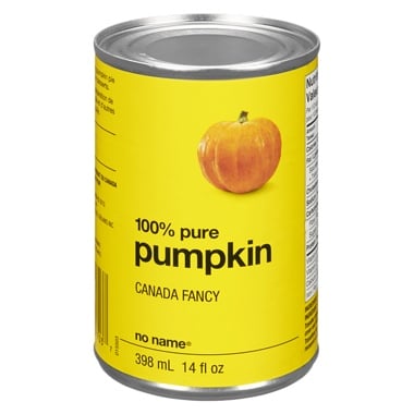 Yellow can of No Name brand pureed pumkin