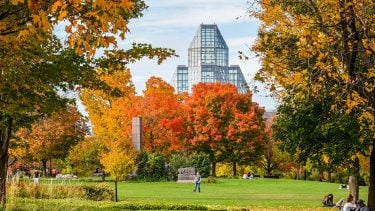 Field surrounded by autumnal trees, with a glass building in the background: things to do in Ottawa in fall
