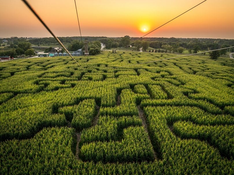 best corn mazes pumpkin patches canada: aerial view of corn maze with sunset