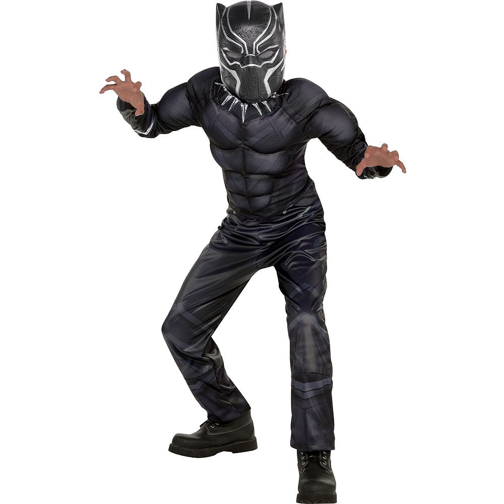 A child dressed in a Black Panther Halloween costume