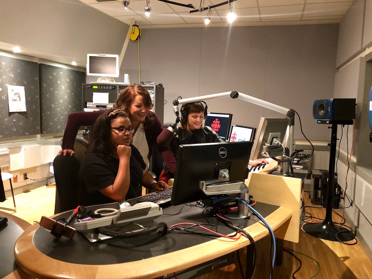 Indigenous podcasts-Secret Life of Canada hosts airing their show in a CBC sound booth