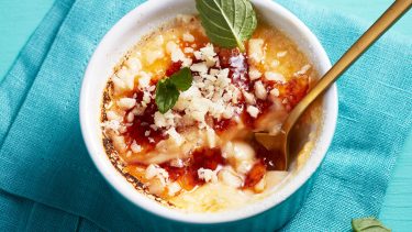 Creme brulee with popping candy and mint on top
